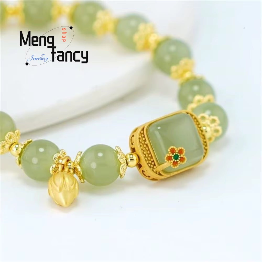 Hetian Jade Serenity Talisman Bracelet | Square Lotus Cut | Authentic Chinese Retro Jewelry