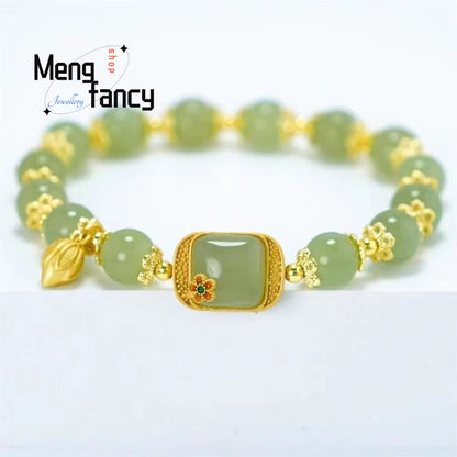 Hetian Jade Serenity Talisman Bracelet | Square Lotus Cut | Authentic Chinese Retro Jewelry