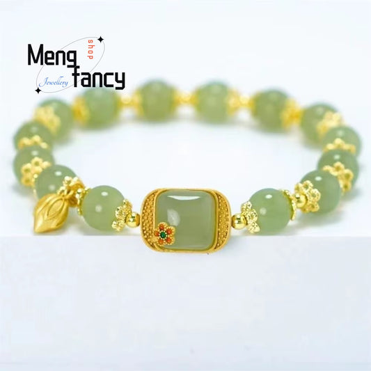 Hetian Jade Serenity Talisman Bracelet | Square Lotus Cut | Authentic Chinese Retro Jewelry